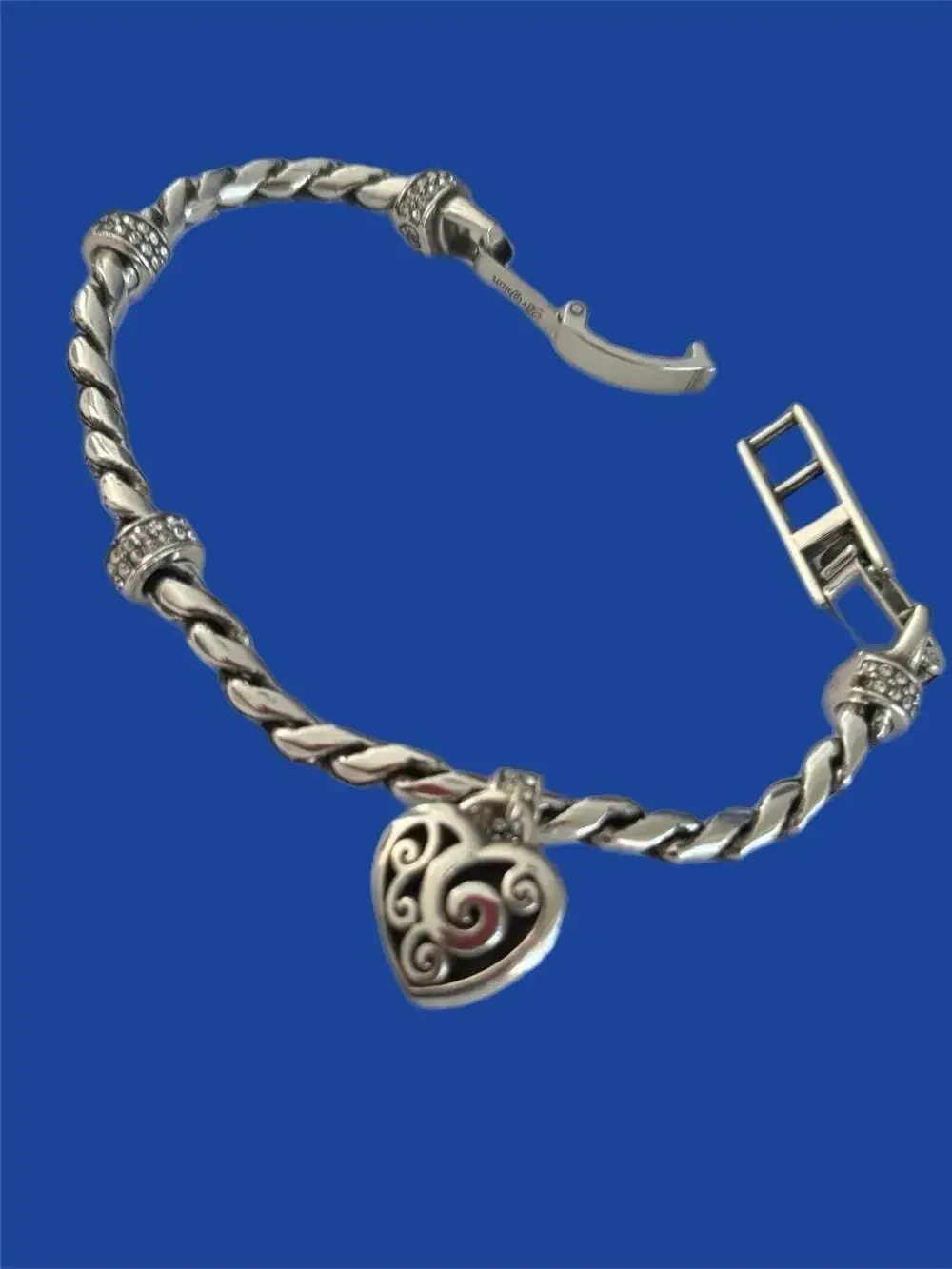Brighton Silver Plated Braided Bracelet w Pink Ribbon Heart Charm Meridian